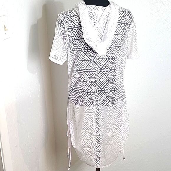 Dotti White See-Through Cover-up with Hoodie, Zipper Neckline,  Size Large - Picture 6 of 8